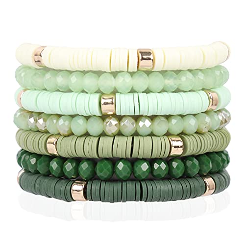 RIAH FASHION Bohemian Multi-Layer Beaded Stacking Statement Bracelets - Versatile Strand Stretch Sparkly Crystal Beads Wrap Slip-on Cuff Bangle Set