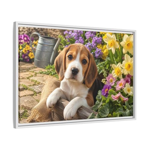 Tableau Beagle chiot déco chambre enfant toile encadrée blanche 75x50 cm