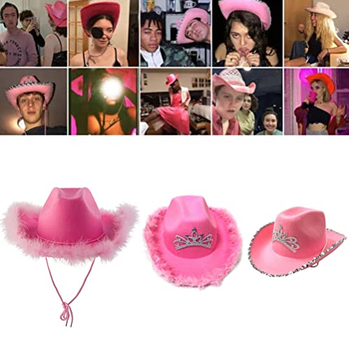 BTSEURY Chapéu de caubói rosa chapéu de caubói de feltro com cordão de pescoço cosplay acessórios de