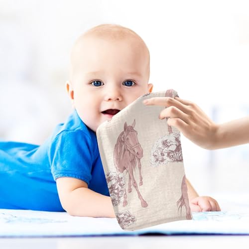 Image of Horse Baby Muslin Washcloths Face Towel, Western Burp Cloths Cotton Wipes 3 Pack Infant Wash Cloth for Newborn Boys Girls 12x12 inches