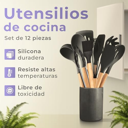 JUPPLIES Juego de Utensilios de Cocina de Silicona 12 Piezas con Mangos de Madera y Soporte Organizador – Set Antiadherente Resistente al Calor – Apto para Todas Las Ollas y Sartenes - Negro - imagen 2