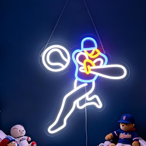 Image of Baseball Neon Light - Dynamic & Classic LED Wall Art for Man Cave, Sports Bar, Game Room or Kids Bedroom Decor, Dimmable USB, Awesome Sports Fan Gift for Players & Enthusiasts