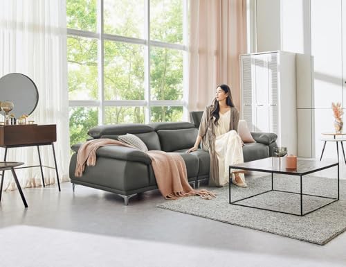 Image of Fabrique Anemoia Leatherette 4 Seater with Puffy Moden Design Dark Grey Sofa Set with Moveable Headrest | Comfortable Furniture for Home Office & Living Room | Easy to Move with Stainless Steel Legs