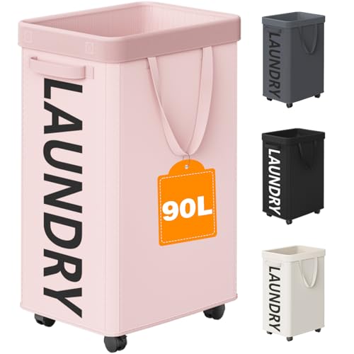 Optish Pink Laundry Basket with Wheels, Dorm Room Essentials for Girls, 90L Rolling Laundry Hamper with Wheels and Removable Mesh Bag for Clothes, Bedroom, Bathroom, College