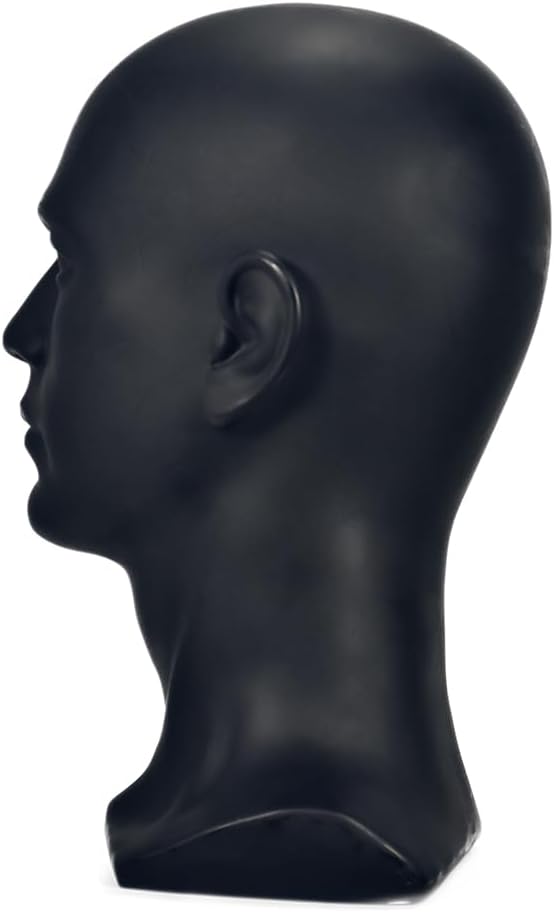 PVC Mannequin Head Black Male Manikin Dummy Stand Model Display Hat Scarf Wigs Hair Glasses Hat Beauty Styling Tool with Mount Hole (L30 Matte Black)