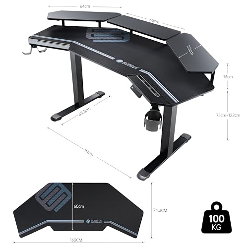 EUREKA ERGONOMIC Electric Standing Desk 160x74 cm Wing Shaped Gaming Desk Height Adjustable Large Home Office Studio Computer Desk with LED Convertible Monitor Shelves