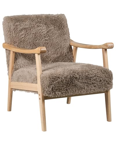 Image of Beliani Armchair Faux Fur Taupe Beige with Wood Legs Leg Caps for Surface Protection, LEKNES