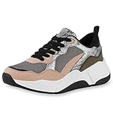 SCARPE VITA Damen Plateau Sneaker Keilabsatz Schnürer Freizeit Schnürschuhe Plateauschuhe Prints Schuhe 198343 Olivgrün Silber Snake 40