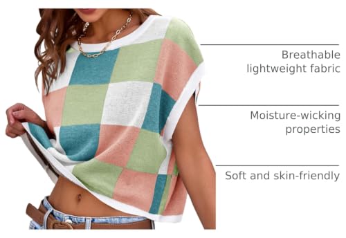 Image of Saodimallsu Womens Cap Sleeve Crop Tops Summer Color Block Going Out Crew Neck Knit Trendy Casual Sweater