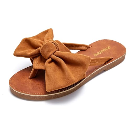 Image of FISACE Womens Bow Flat Sandals Flip Flops Slide Sandals Summer Beach Shoes