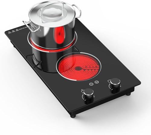 GTKZW Plaque Vitrocéramique 2 Feux 3000W, Plaque de Cuisson Électrique Encastrable ou Pose Libre 51 cm, 10 Niveaux de Puissance et de Température, Minuterie,...
