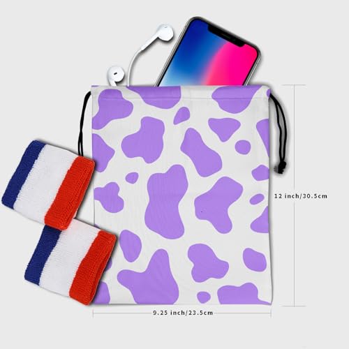 Image of Nerxy White Purple Cow Print Animal Gym Bag - Gym Drawstring Bag for Women, 9.25 inch x 12 inch