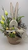  Seidenblumengesteck Frühlingsdeko Osterdeko Eier Hase Tulpen Federn weiß