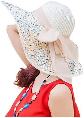 OLEWELL Womenโs Floppy Foldable Staw Hand Woven Bow UPF 50+ Hat-Hollow-Summer Sun Beach-Wide Brim Cap-White