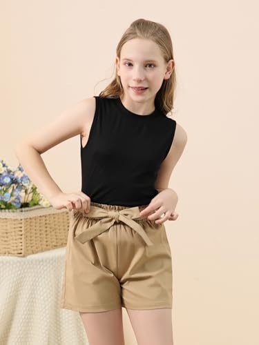 Image of GORLYA Girls 2 Piece Clothing Outfits Summer Casual Rib Knit Tank Tops and Paperbag Waist Belted Linen Short Sets 6-14Y