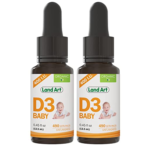 Image of Land Art - Certified Organic Vitamin D3 Drops Baby – 400 IU per Drop – 490 Servings – Supports Bone & Teeth Development – Vitamin D Drops for Infants & Toddlers – GMO-Free - Gluten-Free – 2x0.45 fl oz