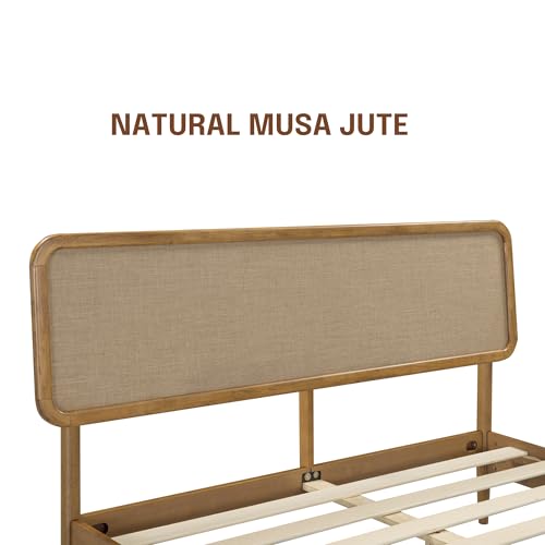 Image of NTC Lupin Wooden Bed Frame with Headboard, Solid Oak and Rubber Wood Foundation with Silent Slats and Wood Central Supports, 1000 Lb Capacity, Queen - Teak Look