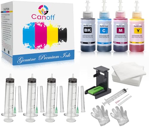 Image of CANOFF CMYK Refill Kit with Suction Tool Combo Pack of High Yield Inkjet Cartridge Ink Refill Compatible for HP and Canon Cartridge Printers - 100ml Per Bottle (Cyan, Magenta, Yellow, Black)