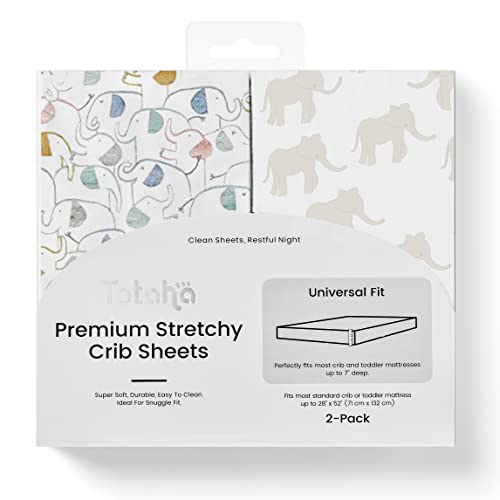 Totaha Premium Stretchy Crib Sheets (2-Pack)-Hypoallergenic, Silky Comfort, Buttery Soft, Calming Effect, All-Season Jersey-Knit Sheets, 9'' Extra Deep Pocket (Watercolor & Colorful Elephant) #TOP2