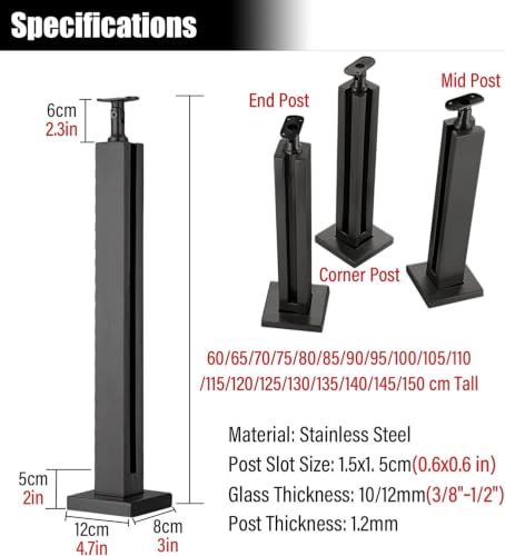 Support de clôture en verre pour balustre d'escalier avec poteau intermédiaire noir 100cm - 2