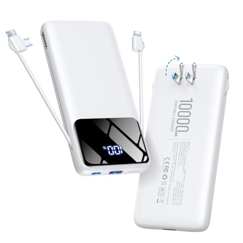 Portable Charger 10000mAh Power Bank with Built-in Cables and Wall Plug