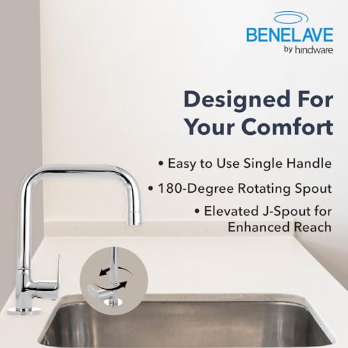 Image of Benelave by Hindware Sink Tap with Raised J-Spout for Kitchen | Made of Brass | Mirror-Like Chrome Polish Finish | Better Reach | Deck Mount Installation | Volga Range | 7-Year Manufacturer Warranty
