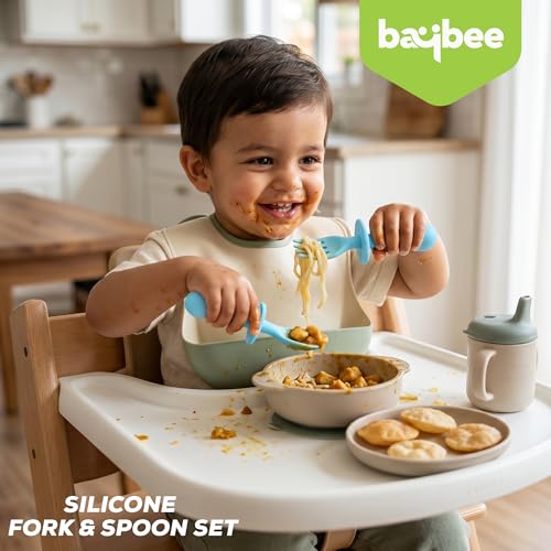Image of Baybee 100% Silicone Baby Feeding Spoons Set of 2 | Bpa Free- Food Grade Soft Silicone Tip Spoon & Fork Self Feeding Utensil | Baby & Toddlers Gum Friendly Weaning Supplies for Kids 1 Months+ (Blue)