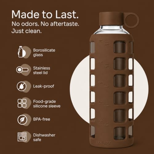 Image of purifyou 40oz / 32oz / 22oz / 12oz Borosilicate Glass Water Bottle with Time & Volume Markers, Silicone Sleeve, Stainless Steel Lid - Reusable Glass Bottle for Water & Juice (40oz Earth Brown)