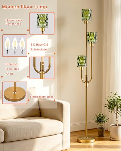 Image of 66IN Glass Floor Lamp 3-Lights Modern Gold Dimmable Floor Lamps with 3000K Warm White Bulbs for Wedding Party Tall Standing Lamp with Green Glass Shade for Living Room /Bedroom /Home Decor