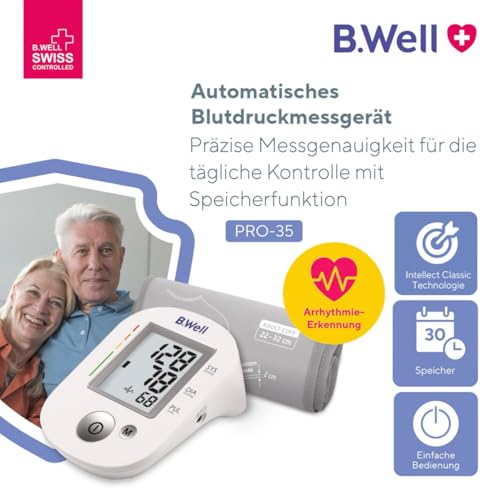 B.Well Swiss Automatisches Oberarm-Blutdruckmessgerät PRO-35, klinisch validierter Blutdruckmesser Arrhythmie- und Vorhofflimmern-Erkennung und 30 Speicherplätzen, Inkl. waschbarer Manschette, Größe M
