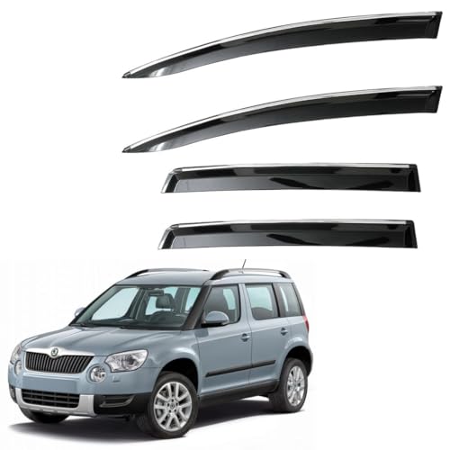 Image of CAR SAAZ Unbreakable Chrome Smoke Door Visor for Yeti (2010-2018) | Premium Sun Rain Wind Deflector Chrome Strip Side Door Rain Visor - Set of 4 Pcs