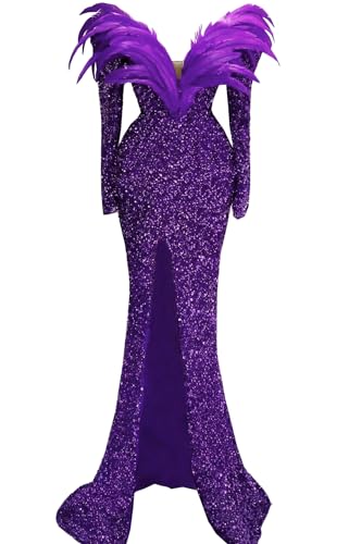 Sparkly Prom Dress Feather Glitter Sequin Split Long Sleeves Pageant Evening Dress