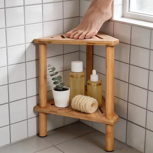 Yoshiky Shower Foot Rest 15in Shower Stool for Shaving Legs Waterproof Wood Corner Shower Stool with Storage Shelf for Inside Small Shower Spaces Bamboo