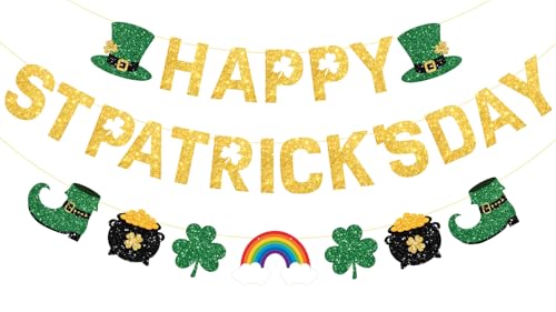 Happy St Patricks Day Banner Glitter St. Patrick's Day Decorations Green Shamrock Banner for Irish Classroom Spring Home Office Indoor Fireplace Mantle Wall