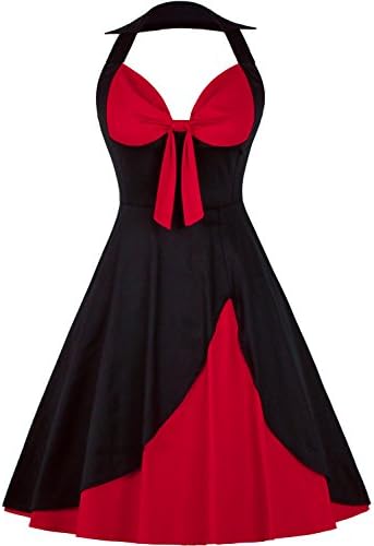 OLADY Women's Vintage 1950s Halter Floral Rockabilly Audrey Cocktail Swing Dress, Black/Red, Medium