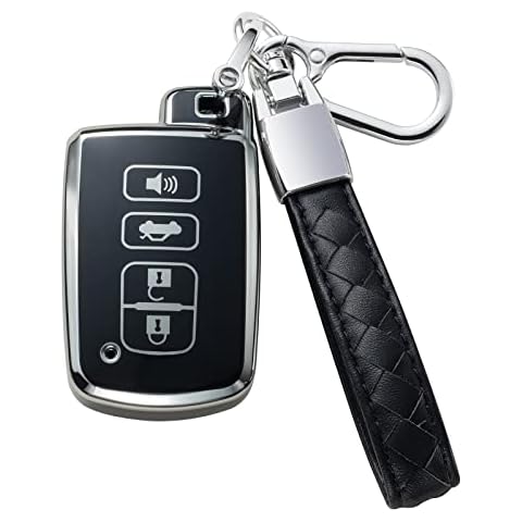 CHEZENHUI for Toyota Key Fob Cover with Leather Lanyard, Car Key Case Shell Protection for Toyota Avalon Camry Corolla RAV4 Sequoia Highlander 4 Buttons Smart Remote Control Protector,Black Cover