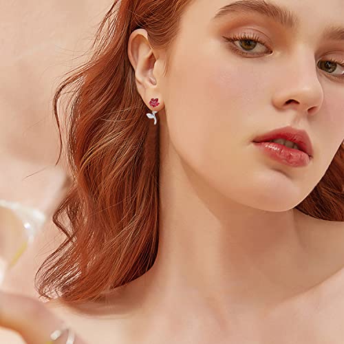 Svodea Rose Flower Earrings For Women, 925 Sterling Silver Pretty Blooming Red Rose Flower Leaf Stud Earrings,Anniversary Birthday Jewelry Gift For Girls Mom Daughter Wife #TOP1