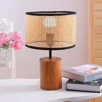 Ekhasa Wooden Bedside Lamp | Table Lamps for Home Decoration with Bamboo Shade | Wooden Base Side Table Lamp for Living Room | Bed Side Lamp | Aesthetic Night Bed Lamps for Bedroom