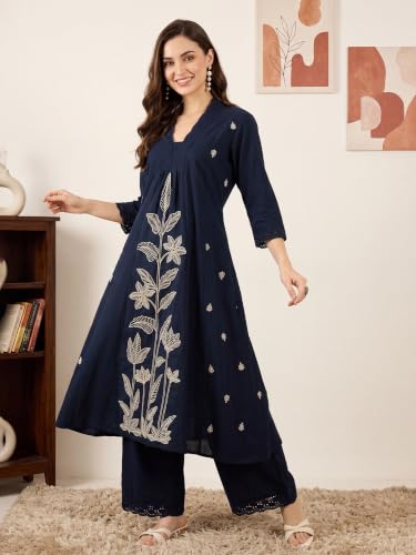 Image of INDO ERA Women's Cotton Blend Embroidered Thread Work A-Line Kurta & Palazzo Set | Kurti