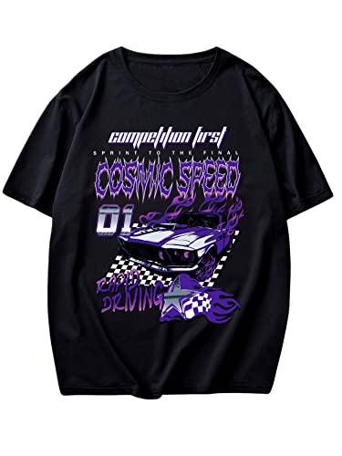 SHENHE Men's Casual Letter Print Short Sleeve Round Neck Regular Fit T Shirt Tops Car Black M