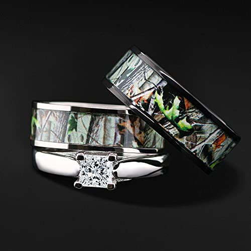 Camo Wedding Rings Set His and Hers 3 Rings Set, Stainless Steel and Titanium2