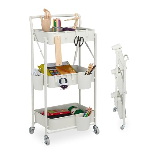 Relaxdays Carrito Auxiliar con Ruedas, 3 Niveles, Carro Cocina y Oficina, Verdulero, 89 x 44,5 x 29 cm, Camarera, Blanco, Acero