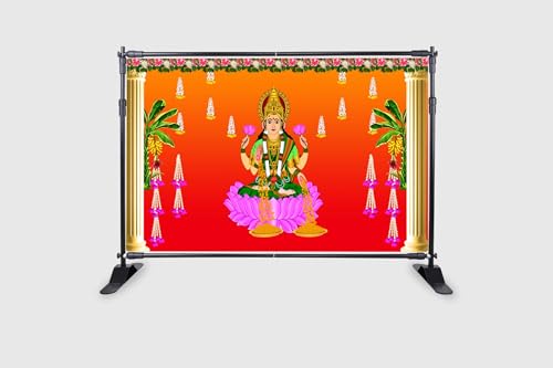 Image of Banana Tree with Goddess Lakshmi Maa Design Backdrop Cloth for Diwali Pooja Decoration Traditional Background Curtain Cloth for Festival Size 5 Feet Height and 8 Feet Width(5 * 8)