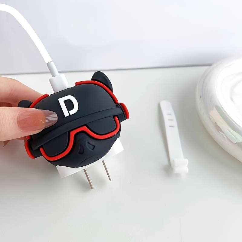 Image of Meyaar Silicone Protective Case for Apple 20W & 18W iPhone USB-C Power Adapter Charger and for USB Lightning Cable, 3D Cartoon Case for iPhone Charger 18W /20W Only (Bull Dog (Red))