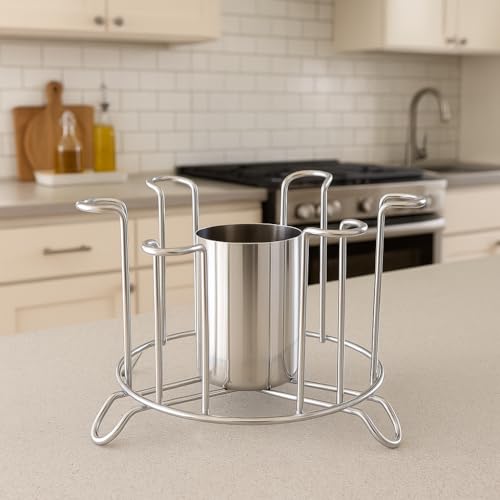 Image of Stainless Steel Glass Stand Holder for Kitchen & Dining | Rust-Proof Glass Organizer for 6 Glasses with Center Storage Cup | Space-Saving Glass Rack for Home, Hotels & Restaurants