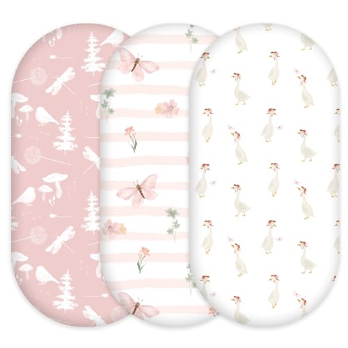 Image of Civarua Kids 3-Pack Organic Bassinet Sheets for Girls Stretch, Soft Cozy Fitted Bassinet Mattress Sheet (32" x 16") Universal Fit for Hourglass, Oval, & Rectangle Mattresses Pink Butterfly