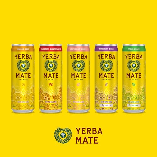 Yerba MateOrganic Sparkling Yerba Mate, Cranberry Pomegranate, 80mg Natural Plant Based Caffeine, Smooth Energy & Focus, Carbonated, 12 Oz (Pack of 12) (Packaging May Vary)