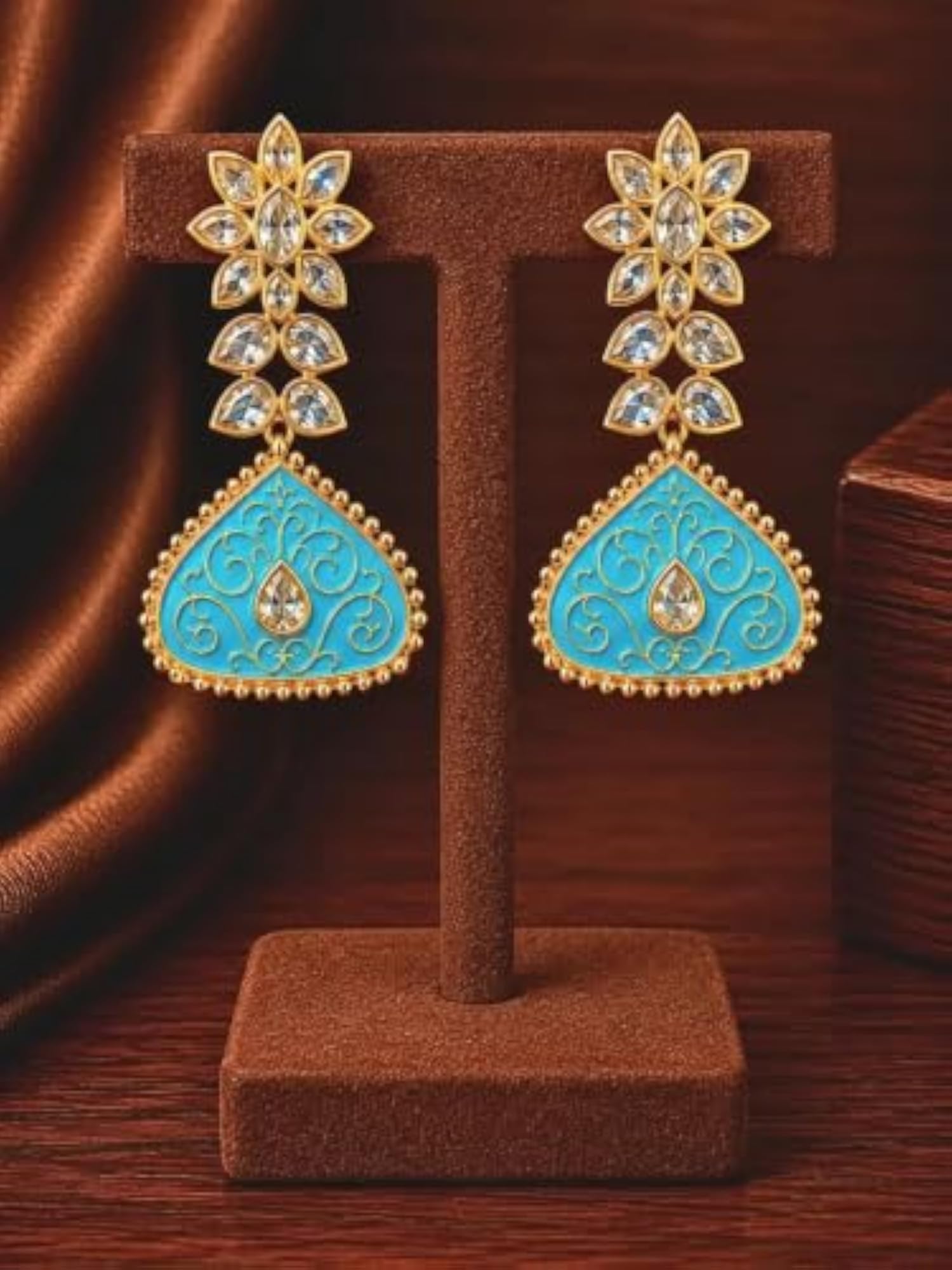 Women's Gold-Toned Blue Enamel Crystal Floral Drop Earrings
