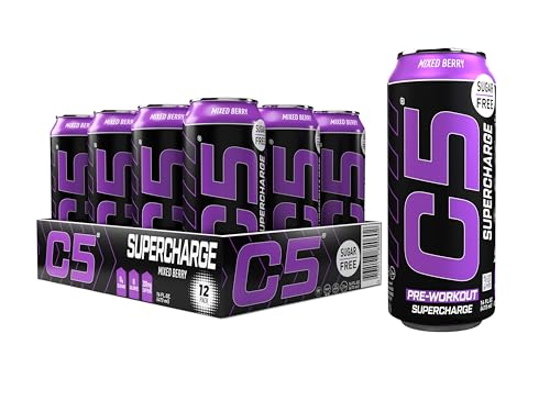 C5 Drink Supercharge Mixed Berry Pre Workout Sugar Free Zero Calories 200mg High Caffeine Creatine Beta Alanine Citrulline Malate High-Performance Pre-Workout Booster Supplement Pack of 12