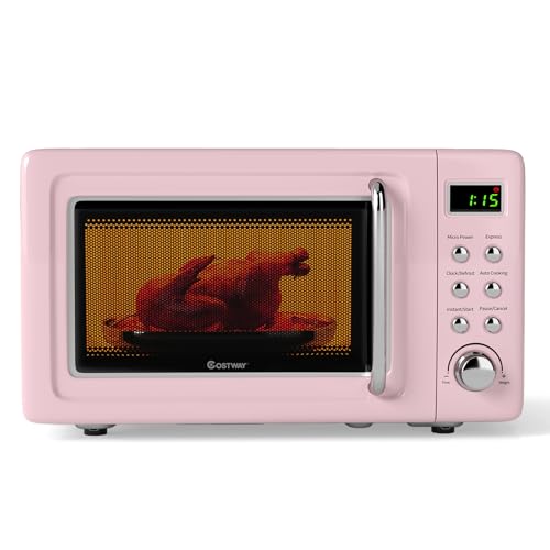 COSTWAY Small Microwave Countertop, Portable Pink Microwave 0.7 Cu.ft